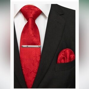 JEMYGINS Mens Solid Color Paisley Necktie and Pocket Square with Tie Clip Sets